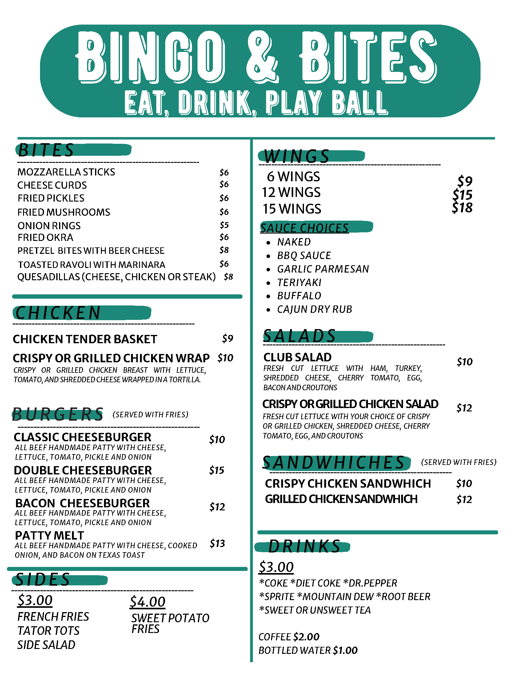 Bingo & Bites full food menu