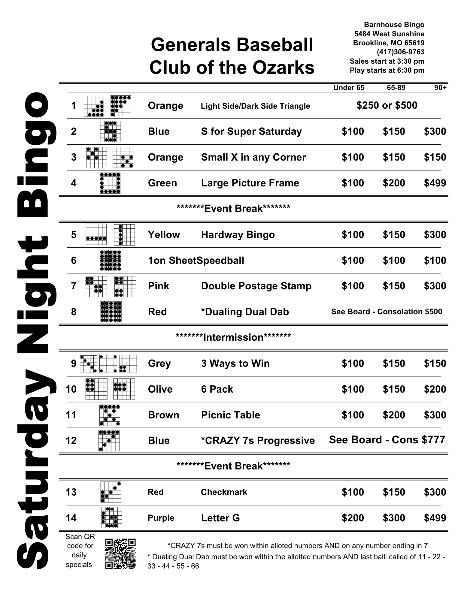 Saturday Night Bingo bingo program