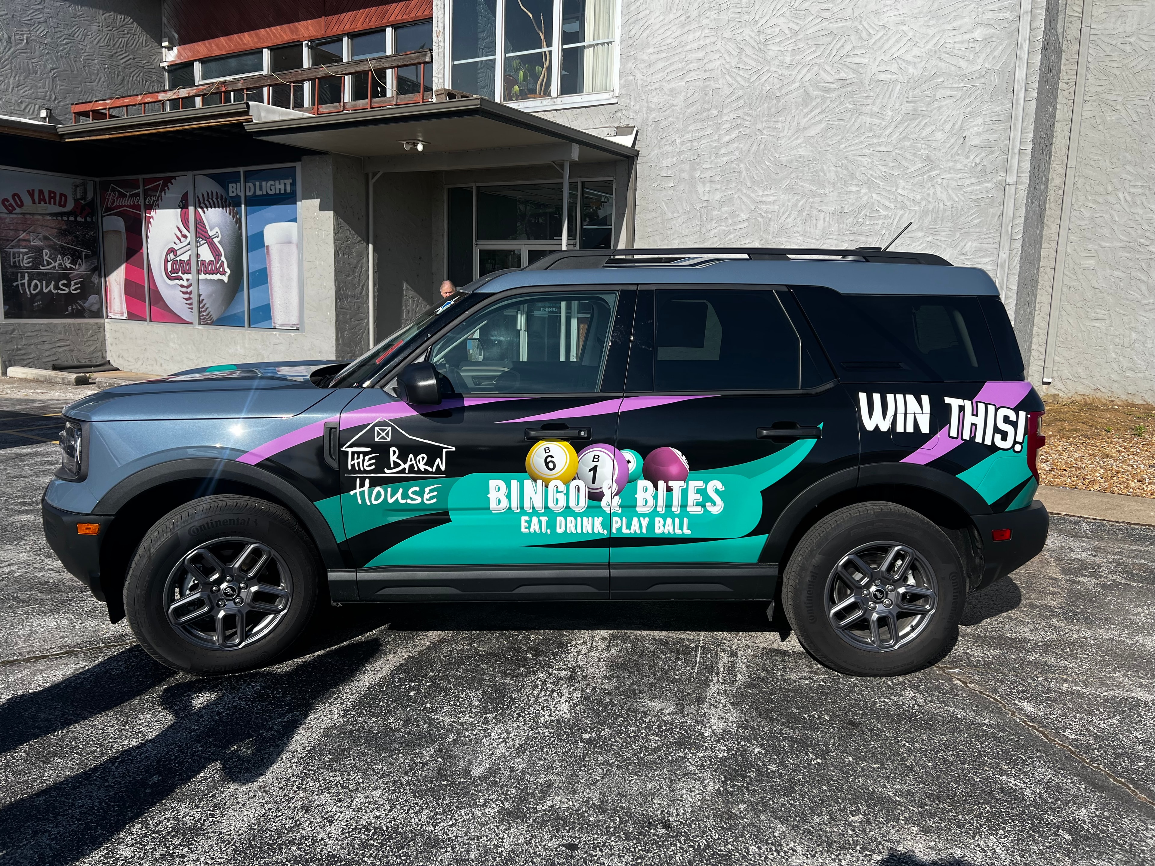 Barnhouse Bingo & Bites branded Ford Bronco Sport prize vehicle
