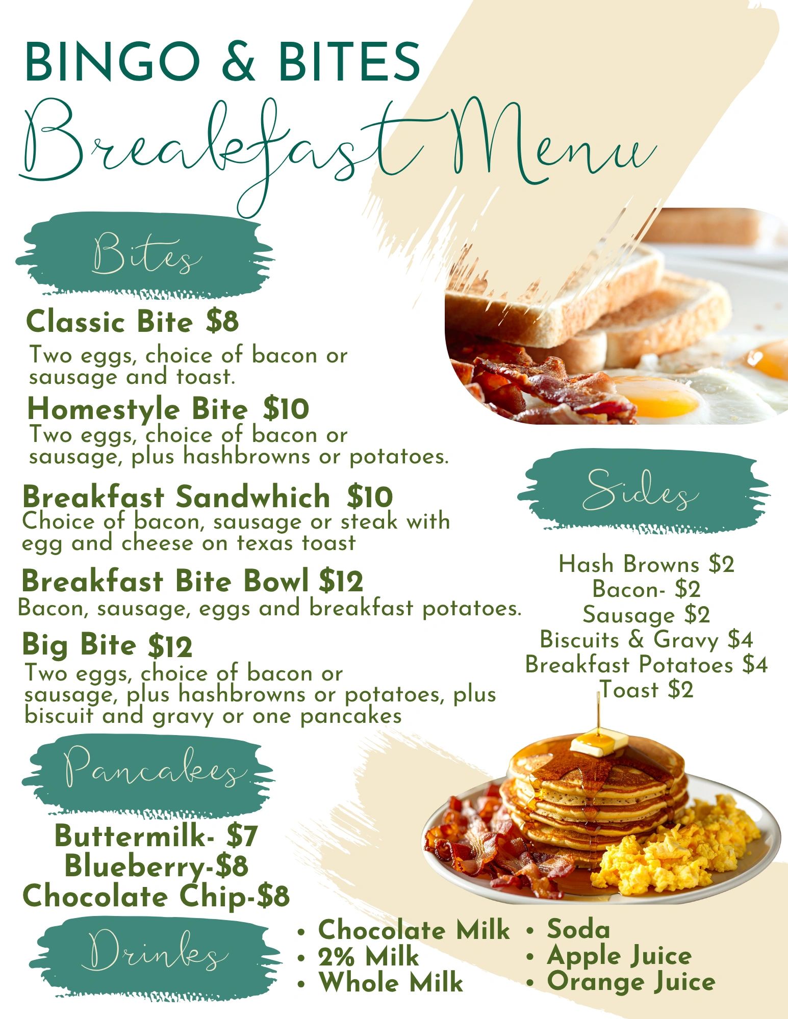 Bingo & Bites breakfast menu