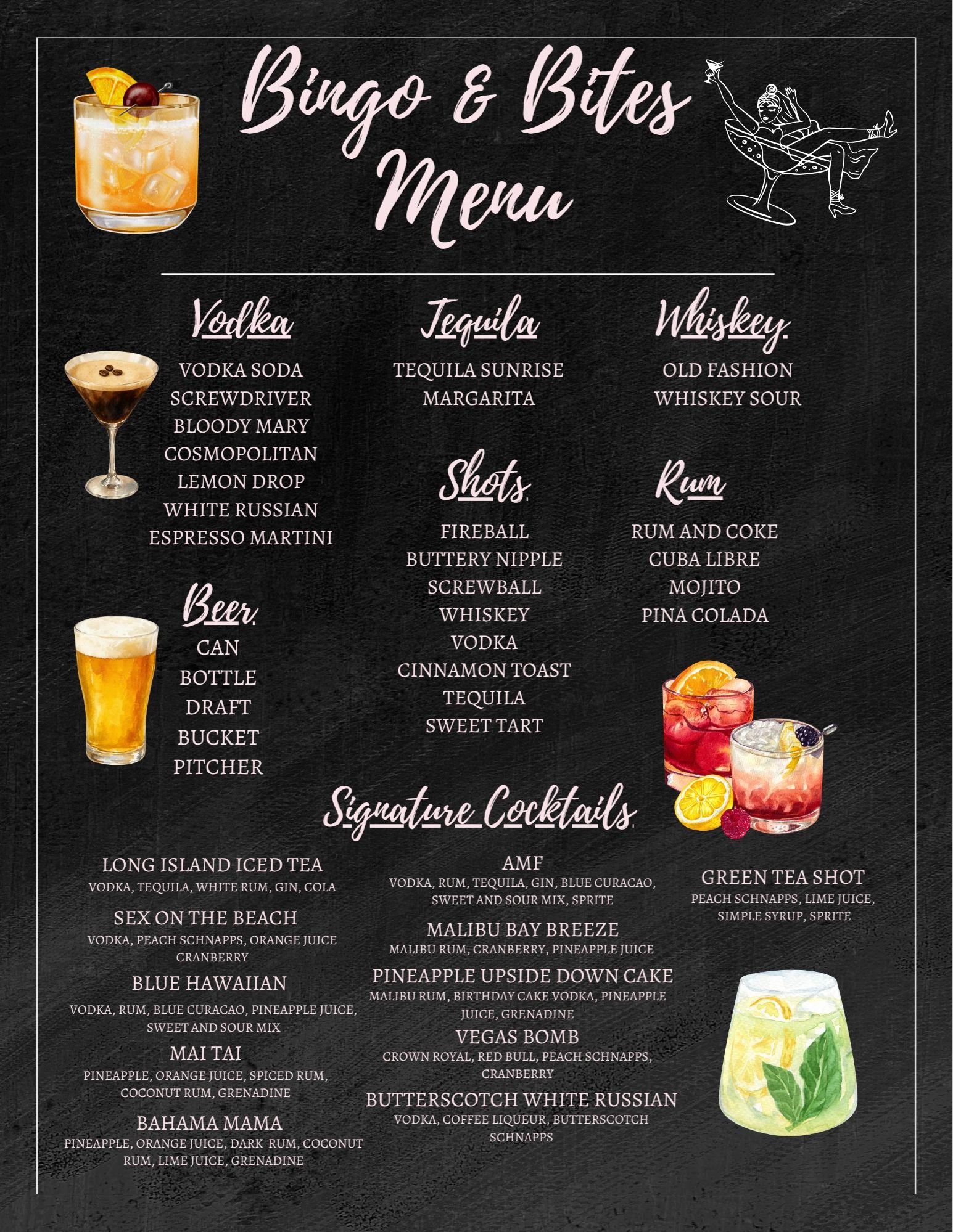 Bingo & Bites bar and cocktail menu